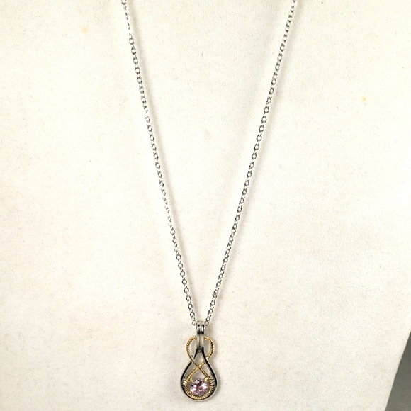 Double Infinity Shape Pink Crystal Stone Gold & Silver Tone Pendant and … - Picture 2 of 6